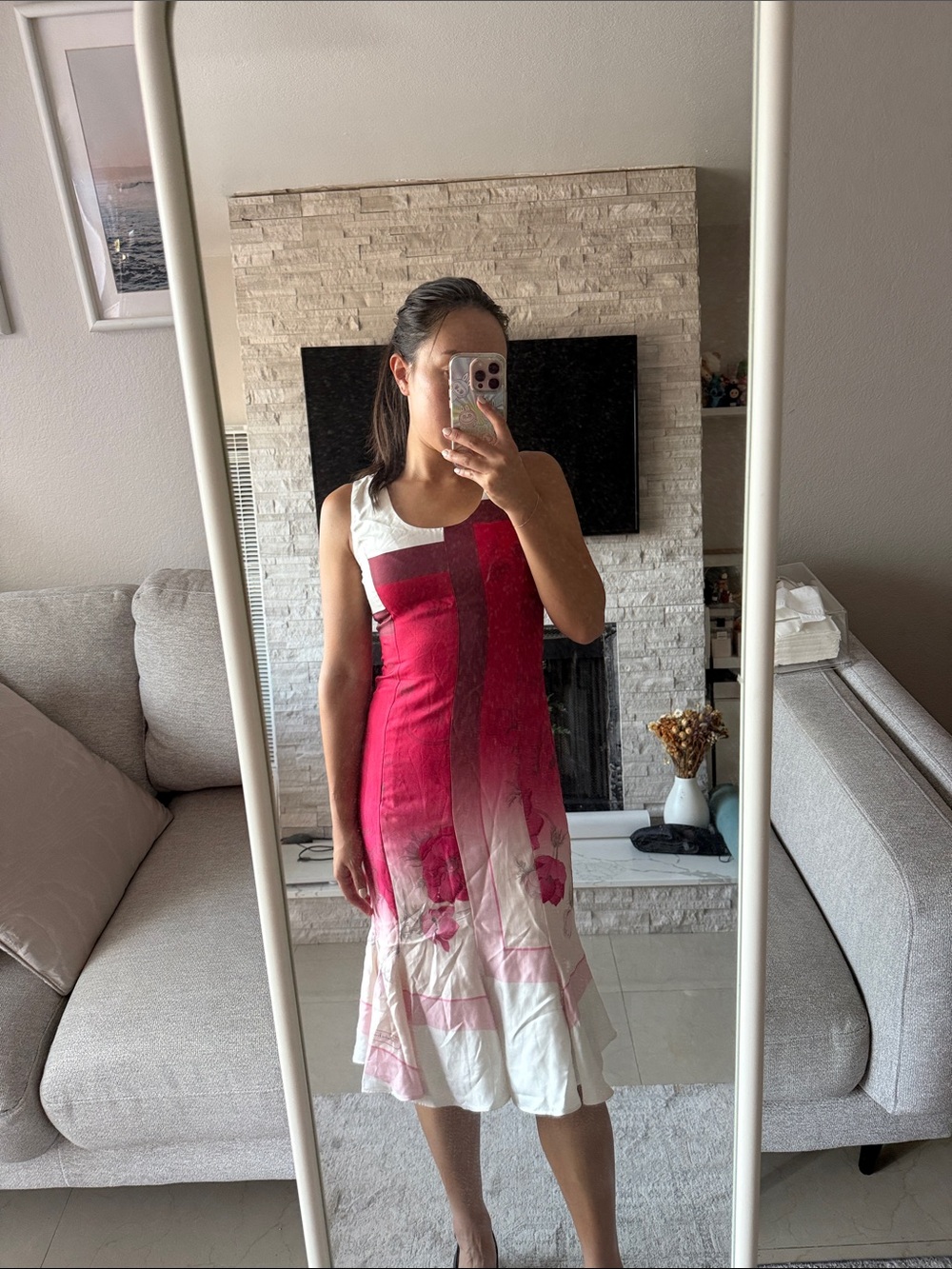 Salvatore Ferragamo Pink to White Ombre Floral Silk Midi Dress